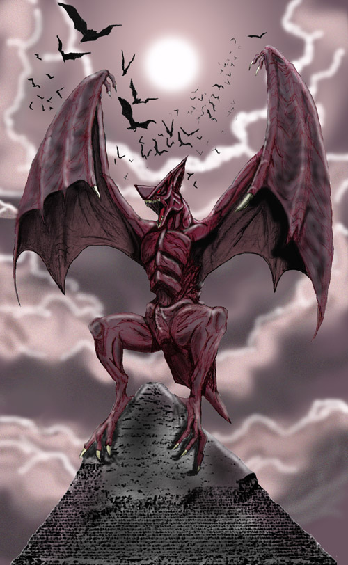 Gyaos, Gamera's nemisis, perched atop the Great Pyramid as his breathern circle above.